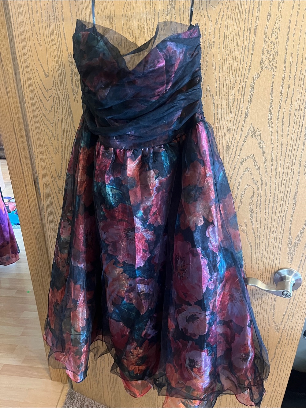 Lulu's Black Floral Organza Party Dress with Pink and Teal Accents